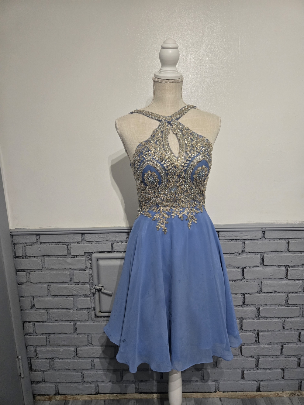 Beaded Halter Mini Dress in Light Blue